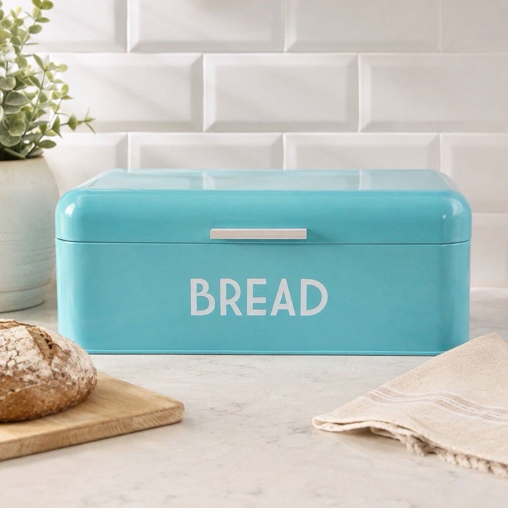 Turquoise Metal Bread Box Hinged Lid Retro Farmhouse Kitchen Storage 16.5”